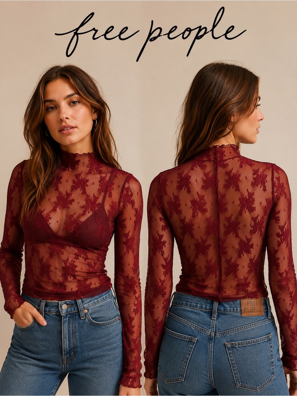 INTIMATE FREE PEOPLE Burgundy Floral Mesh Mock Neck Layering Top, Size Smal